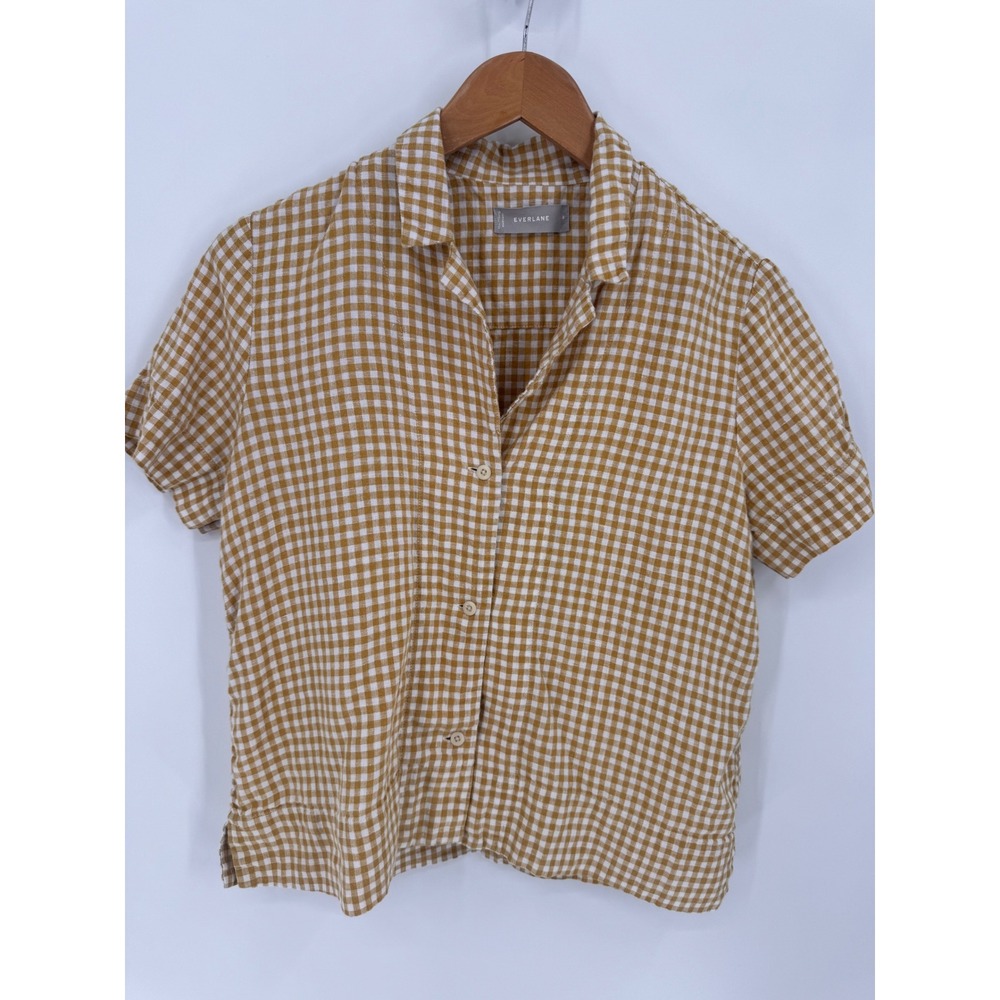 Everlane Linen Gingham Two Piece Set Womens 4/M Yellow Button Down Shorts - Picture 6 of 13